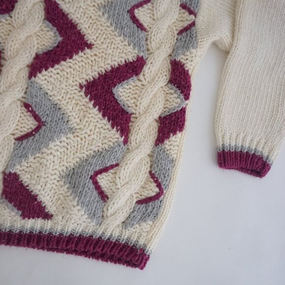 Vintage Clovelly Cream w Maroon Geometric Shape Cable Knit Turtleneck Sweater M - Picture 6 of 10